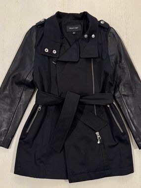 Mackage Black Mixed-Media Leather-Sleeve Trench Coat